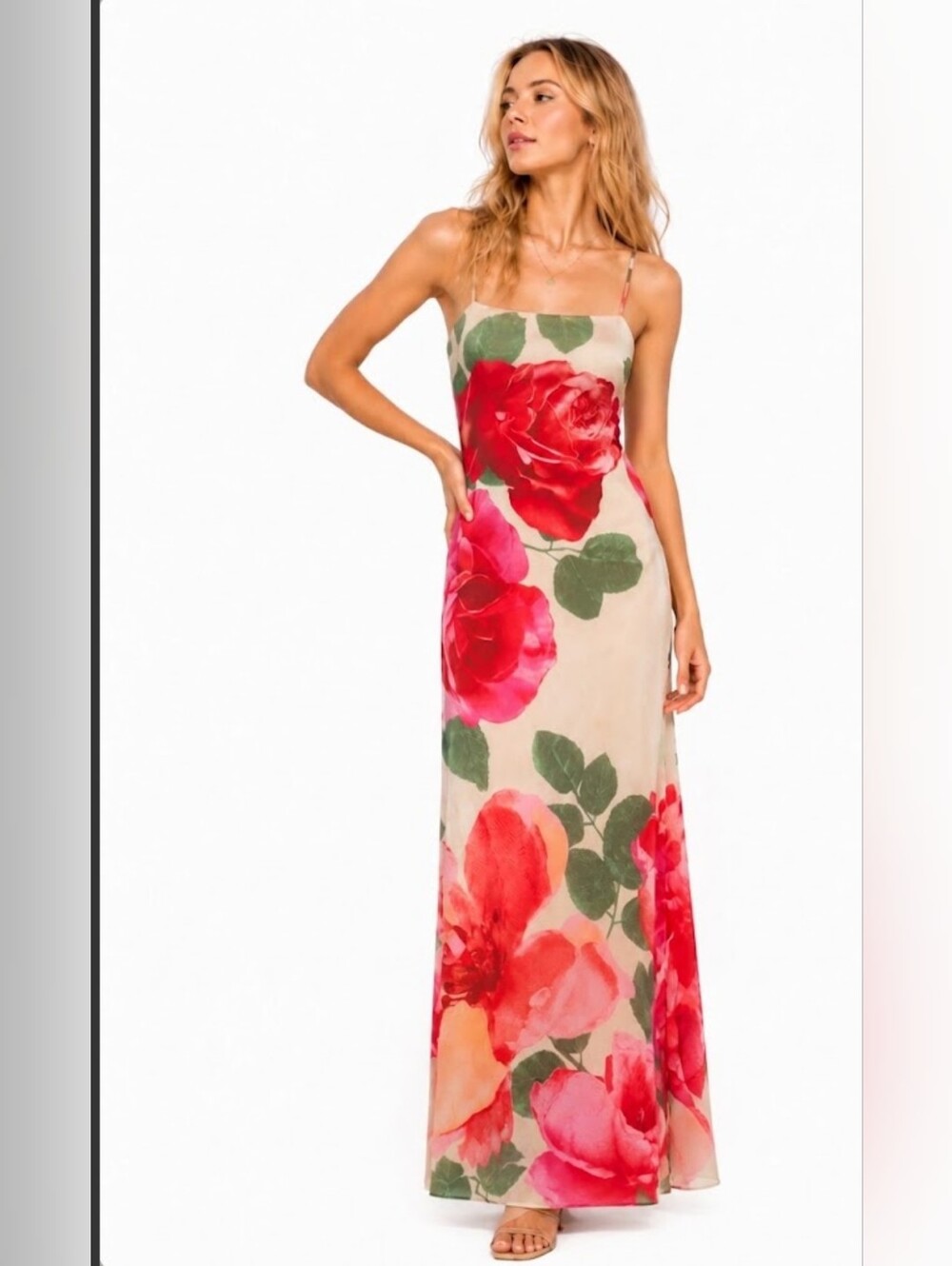 Sincerely Jules Cream Maxi Dress with Red & Green Floral Print Sz XS .Never Used - Picture 2 of 6